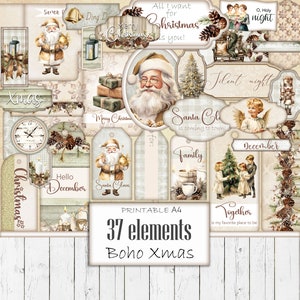 Kit de efêmeas digitais de Natal Boho, suprimentos para diário de lixo para impressão, pacote de scrapbooking, etiquetas de Natal, etiquetas para presentes, envelope, Papai Noel