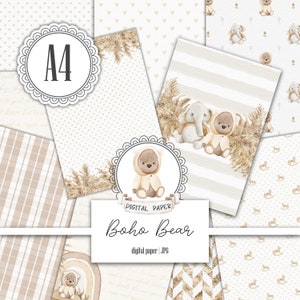 Paquete de papel digital A4 Boho Baby Bear, género neutro, álbum de recortes, patrón beige, para niño, para niña, patrón de guardería, descarga instantánea