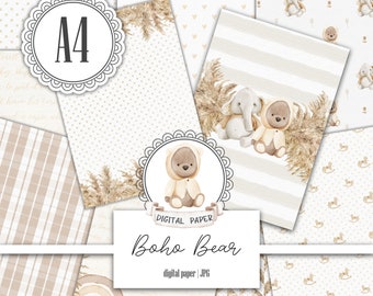 A4 Boho baby bear digital paper pack, Gendre neutral, Scrapbook album, Beige pattern, For boy, For girl, Nursery pattern, Instant download