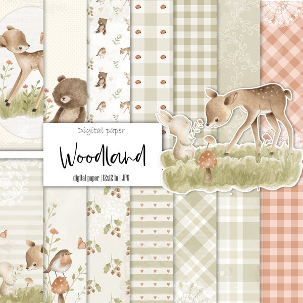 Woodland digital paper, Nursery background, Printable, Instant download