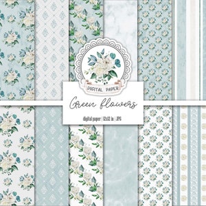 Aquarell Grüne und weiße Blumen Digitales Papier Pack, Floral Scrapbooking Basic Papiere, druckbares Junk Journal Hochzeit, Ephemera Kit