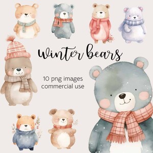 Winter Watercolor Christmas Bear Clipart set, Baby Boy, Baby Girl Clip art, Gendre neutral, Cosy, Hat, Digital Ephemera, Commercial use