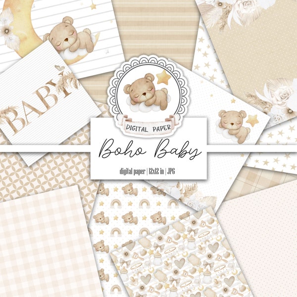 Boho Baby Teddy Bear Digital Scrapbooking Paper pack, Boy Girl Album, Gender neutral Moon, Cardmaking, Junk Journal, Printable Ephemera Kit