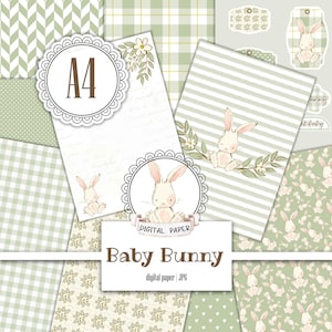 Confezione di carta digitale A4 Bunny, Baby Shower, Genere neutro, Album di ritagli, Modello per cameretta verde, Ragazza, Ragazzo, Kit effimero, Download immediato