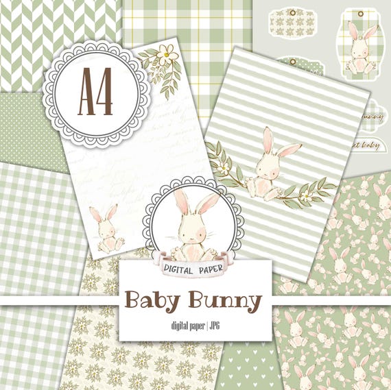 A4 Bunny digital paper pack, Baby Shower, Gender neutral, Scrapbook album, Green Nursery pattern, Girl, Boy, Ephemera kit, Instant download
