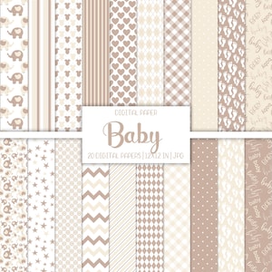 Boho Baby Elephant Digital paper pack, Beige, Instant download, Blue Scrapbook, Gender Neutral Pattern, Junk Journal, Printable Ephemera Kit
