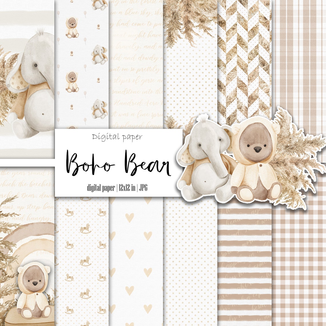 Baby Boho Teddy Bear Digital Paper Pack, Printable Ephemera Kit ...