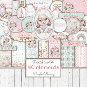 Mint Bunny Ephemera Kit, Rosa Digital Junk Journal, Babyparty Tags, Kinderzimmer Etiketten, Bastelbedarf, Scrapbook, Instant Download