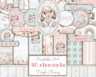 Mint Bunny Printable Ephemera Kit, Pink Digital Junk Journal, Baby ...