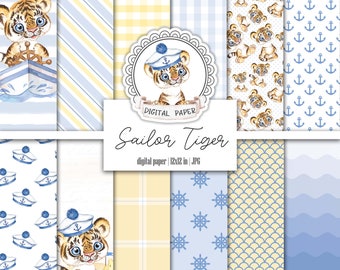 Nautical Blue Tiger Sailor Digital Paper Pack, Sommer Junge Scrapbooking Basic Papers, Sea Beach Printable Junk Journal, Tags, Ephemera Kit