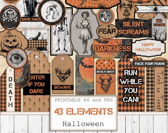 Kit di effimeri digitali stampabili di Halloween, etichetta, busta, nero e arancione, inquietante, vintage, 31 ottobre, diario spazzatura, scrapbooking
