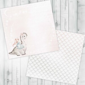 May include: A digital paper pack with two designs. The first design features a watercolor illustration of a girl riding a dinosaur with a pink flower on its head. The second design is a repeating pattern of gray and white scales.