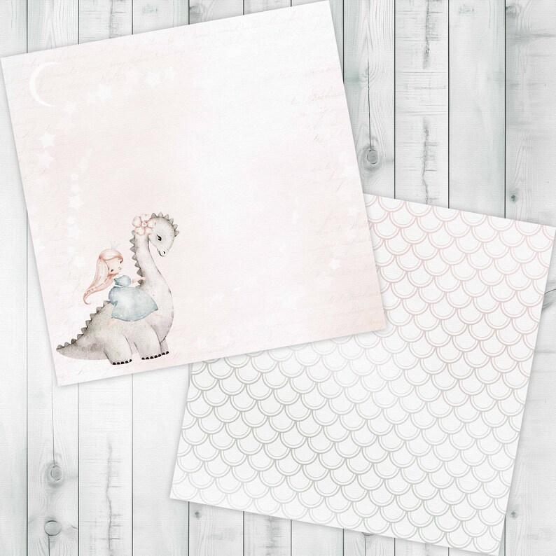 May include: A digital paper pack with two designs. The first design features a watercolor illustration of a girl riding a dinosaur with a pink flower on its head. The second design is a repeating pattern of gray and white scales.