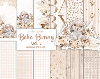 Pack de papier numérique Boho baby bunny, non sexiste, album de scrapbooking, motif beige, pampa, fille, garçon, kit imprimable éphémère, journal indésirable