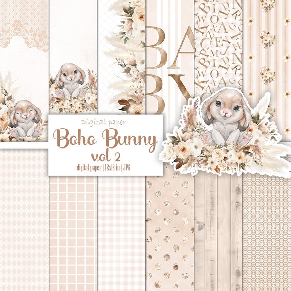 Pack de papier numérique Boho baby bunny, non sexiste, album de scrapbooking, motif beige, pampa, fille, garçon, kit imprimable éphémère, journal indésirable