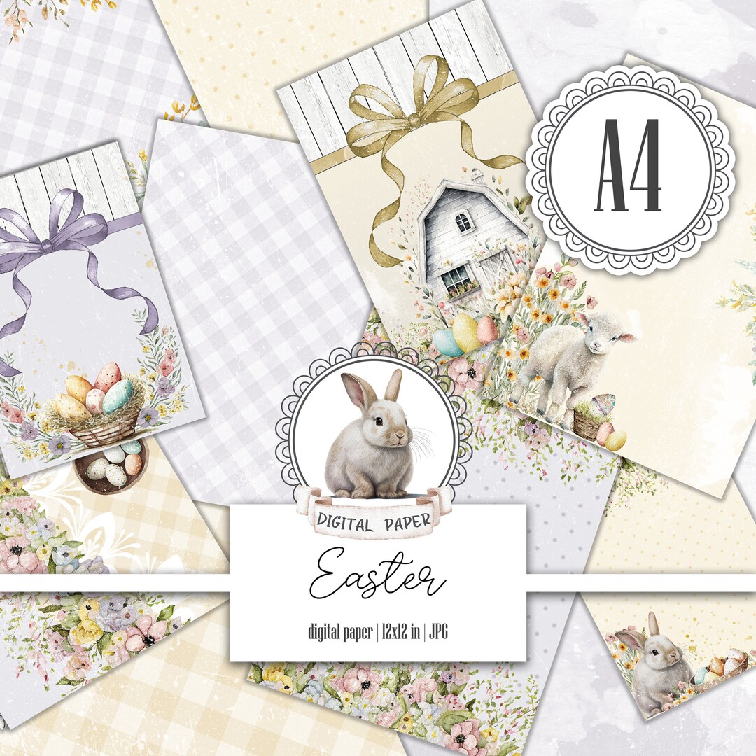 A4 Easter Digital Paper Pack, Farm Bunny Printable Scrapbook Album ...