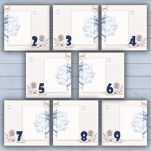 May include: Nine printable cards with a blue watercolor floral design, a teddy bear, and a number from 1 to 9. Each card has a space for writing. The cards are perfect for a baby's first year.
