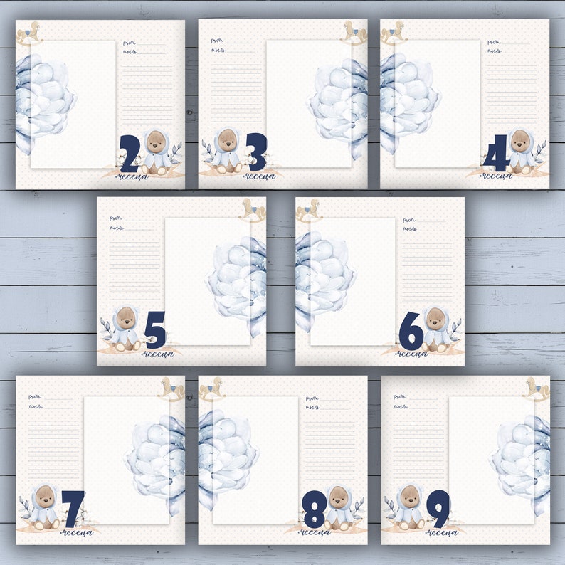 May include: Nine printable cards with a blue watercolor floral design, a teddy bear, and a number from 1 to 9. Each card has a space for writing. The cards are perfect for a baby's first year.