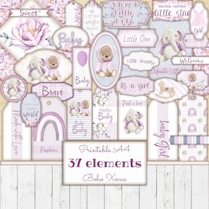 Kit de efímeras imprimibles Boho Baby Bear, diario basura digital, etiquetas de baby shower, etiquetas de guardería, suministros de artesanía, plantilla de álbum de recortes, descargar