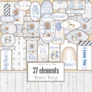 Boho blauwe babyjongen beer afdrukbare kortstondige kit, digitaal junkjournaal, babyshowerlabels, babyshowerlabels, knutselbenodigdheden, plakboeksjabloon