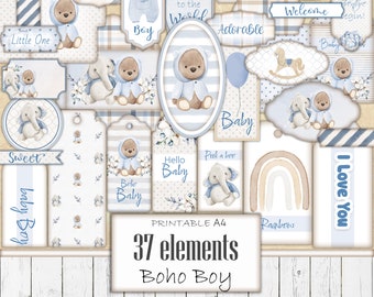 Boho Blue Baby Boy Bear Printable Ephemera Kit, Digital Junk Journal, Baby Shower Tags, Nursery Labels, Craft Supplies, Scrapbook Template