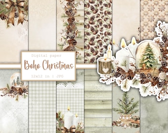 May include: Digital paper pack with a boho Christmas theme. The pack includes 12x12 inch JPG images with patterns of pine cones, gingham, wood, and snowflakes. There are also images of candles, a snow globe, and a lantern.