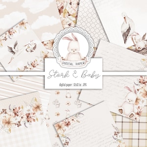 Pastel Beige Baby Digital Scrapbook Paper Pack 12x12, Stork and Bunny, Watercolor Newborn Gendre Neutral Junk Journal Printable Ephemera Kit