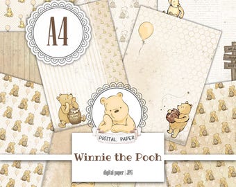 A4 Winnie the Pooh digital paper pack, Gender neutral, Scrapbook album, Bear pattern, boy, girl, Nursery Ephemera Kit, Instant download