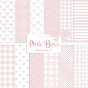 Può includere: Un set di 12 carte digitali con motivi rosa e bianchi, tra cui fiocchi, cuori, pois, gingham, strisce e pied-de-poule. Il testo "Pink Bow" è visualizzato su uno stendardo rosa.