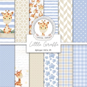 Giraffe Digital Paper Pack, Gendre Neutral, Blau und Beige, Scrapbooking Basic, Printable Junk Journal, Tags, Ephemera Kit, Instand Download