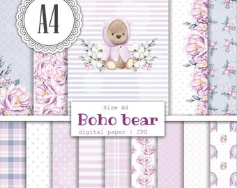A4 Boho baby bear digital paper pack, Gender neutral, Printable Scrapbook album, Cute Pink pattern, Nursery decor for girl, Instant download