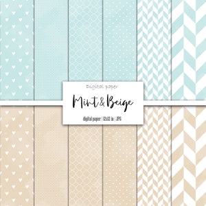 Pastel Digital paper, Mint Beige Background, Instant download, Baby Digital Scrapbook Paper Pack 12x12, Junk Journal Printable Ephemera Kit