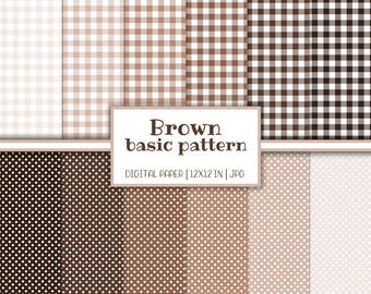 Gingham Digital paper pack, Boho Brown Background, Instant download, Basic Scrapbook Polka Dot Pattern, Junk Journal, Printable Ephemera Kit