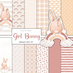 May include: Digital paper pack with a pink and white color scheme featuring a cute bunny rabbit sleeping on a rainbow. The pack includes 12x12 inch digital papers with various patterns including stars, polka dots, clouds, rainbows, buttons, and stripes.