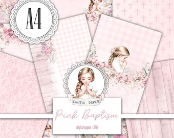 May include: A set of digital papers featuring a pink and white color scheme with a girl in a white dress praying. The papers include a floral pattern, a cross pattern, a gingham pattern, a wood grain pattern, and a solid pink pattern. The text "Pink Baptism" and "digital paper | JPG" is included on the papers.
