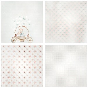 May include: A digital paper pack with four different patterns. The first pattern features a girl in a carriage with butterflies. The second pattern is a light pink background with a repeating butterfly pattern. The third pattern is a white background with a repeating pink flower pattern. The fourth pattern is a white background with a repeating light gray dot pattern.