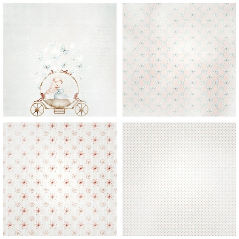May include: A digital paper pack with four different patterns. The first pattern features a girl in a carriage with butterflies. The second pattern is a light pink background with a repeating butterfly pattern. The third pattern is a white background with a repeating pink flower pattern. The fourth pattern is a white background with a repeating light gray dot pattern.