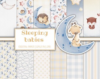 May include: A set of 12 digital papers featuring a blue and white color scheme with various patterns including stars, clouds, polka dots, and plaid. The papers are designed for crafting and scrapbooking and feature a variety of cute animal illustrations including a lion, giraffe, fox, and bear.