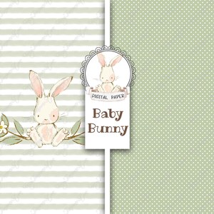 May include: Digital paper featuring a cute cartoon bunny sitting on a branch with green leaves and white flowers. The paper has a striped pattern on the left and a polka dot pattern on the right. The text "Digital Paper Baby Bunny" is displayed in a brown oval frame.