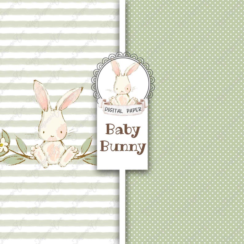 May include: Digital paper featuring a cute cartoon bunny sitting on a branch with green leaves and white flowers. The paper has a striped pattern on the left and a polka dot pattern on the right. The text "Digital Paper Baby Bunny" is displayed in a brown oval frame.