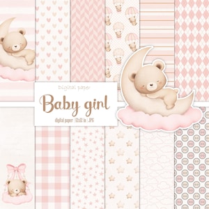 Schlafendes Baby-Bär-Rosa-Digital-Papier-Pack, Aquarellmuster, Mond Scrapbooking Basic Album, Mädchen Printable Junk Journal, Ephemera Kit