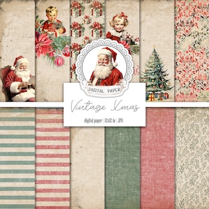 Vintage Christmas Digital Paper Pack, zimowe etykiety do scrapbookingu, akwarelowy klasyczny dziennik śmieci Świętego Mikołaja, zestaw do druku ulotnych materiałów