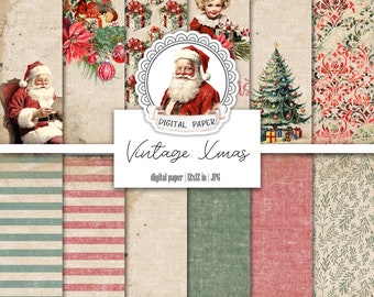 Peut inclure: Un ensemble de papiers numériques de 30,5 x 30,5 cm illustrant des motifs de Noël vintage. Les papiers comprennent un Père Noël, un sapin de Noël, une fille avec un cadeau, un garçon avec un cadeau, un motif rayé rouge et blanc, un motif rayé vert et blanc, un motif damassé rouge et blanc, un motif floral vert et blanc et un motif lin beige. Les papiers sont parfaits pour le scrapbooking, la fabrication de cartes et autres projets d'artisanat.