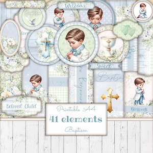 Kit éphémère imprimable bleu pour garçon, Journal numérique pour les déchets, Étiquettes de baptême, Étiquettes, Fournitures créatives, Modèle de scrapbooking, Sainte Communion