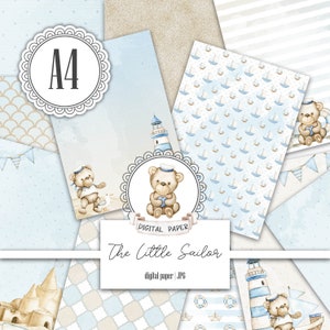 Confezione di carta digitale per bambini in stile nautico A4, kit di diario di piccole dimensioni con orsetto marinaio, album di ritagli di mare di genere neutro, modello castello di sabbia per bambini