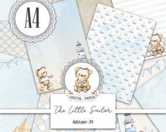 Könnte beinhalten: Ein digitales Papierpaket mit nautischem Thema. Das Paket enthält 10 verschiedene Muster mit einem Leuchtturm, einem Teddybär mit Matrosenmütze, Segelbooten und verschiedenen blauen und beigen Mustern.