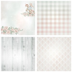May include: A digital paper pack with four different patterns. The first pattern features a unicorn and a girl in a dress riding the unicorn. The second pattern is a pink and white gingham check. The third pattern is a white woodgrain. The fourth pattern is a white background with a delicate pink floral pattern.