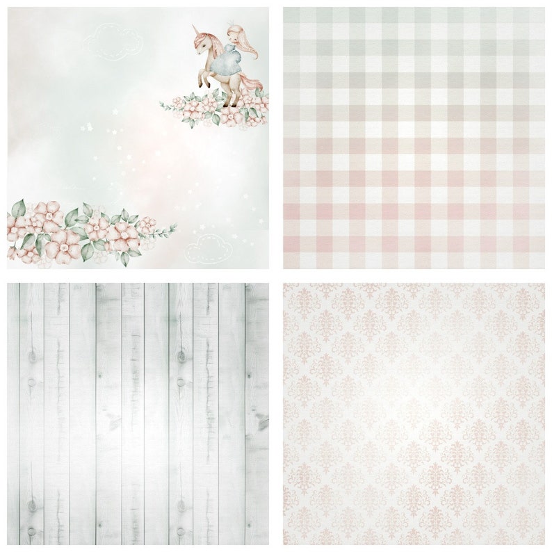 May include: A digital paper pack with four different patterns. The first pattern features a unicorn and a girl in a dress riding the unicorn. The second pattern is a pink and white gingham check. The third pattern is a white woodgrain. The fourth pattern is a white background with a delicate pink floral pattern.