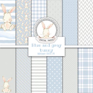 Pack de papier numérique bébé lapin bleu, motif lapin gris, scrapbooking non sexiste basique, journal imprimable indésirable pour garçon, étiquettes, kit éphémère