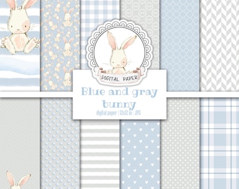 Baby Bunny Blue Digital Paper Pack, Gray Rabbit Pattern, Gender Neutral Scrapbooking Basic, Boy Printable Junk Journal, Tags, Ephemera Kit